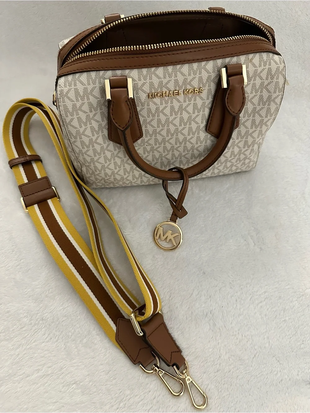 Michael Kors Beige Logo Satchel with Brown Trim and Yellow Striped Strap